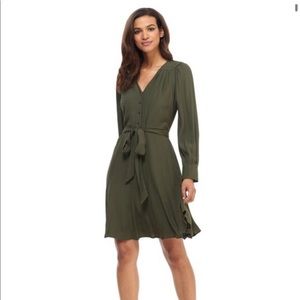 Gal Meets Glam Olive Green Long Sleeve V-Neck Tie Waist Dress